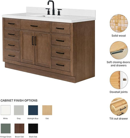ARIEL Hepburn 60-inch Bathroom Vanity with Sink,Solid Wood, 1.5-inch Carrara White Quartz Countertop, Single Rectangular Porcelain Sink, 2 Soft Closing Doors, 9 Dovetail Drawers, Brown Oak