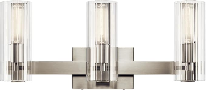 Kichler Jemsa 3 Light Vanity, Modern Light with Clear Fluted Glass in Brushed Nickel for Bathroom or Powder Room (9.75" x 22.75"), 55168NI