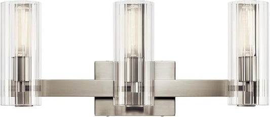Kichler Jemsa 3 Light Vanity, Modern Light with Clear Fluted Glass in Brushed Nickel for Bathroom or Powder Room (9.75" x 22.75"), 55168NI