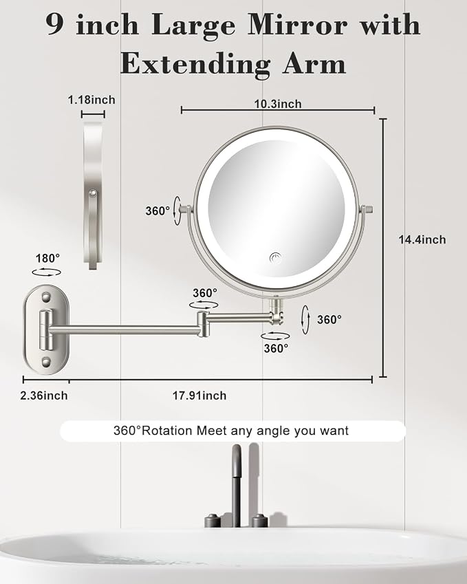 9'' 30X/1X Wall Mounted Height Adjustable Lighted Magnifying Makeup Mirror | 5000mAh Rechargeable Bathroom Mirror with 3 Color Modes Light, Extended Arm Space Saving for Apartment, Hotel, Rental House