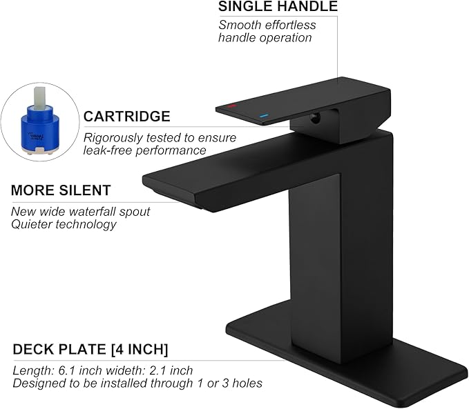 RUMOSE Matte Black Bathroom Faucets Set with Pop Up Drain Single Handle Bathroom Sink Faucet 1 & 3 Hole Waterfall Spout Vanity Faucet Kit with Deck Plate Rv Lavatory Basin Faucet, Stainless Steel