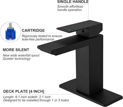 RUMOSE Matte Black Bathroom Faucets Set with Pop Up Drain Single Handle Bathroom Sink Faucet 1 & 3 Hole Waterfall Spout Vanity Faucet Kit with Deck Plate Rv Lavatory Basin Faucet, Stainless Steel