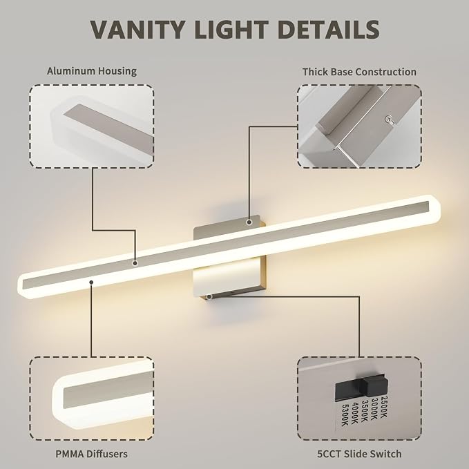 JUSHENG Brushed Nickel Vanity Lights for Bathroom, 5CCT Dimmable Vanity Light Bar, Modern LED Bathroom Lighting Fixtures Above Mirror 32'' Inch 24W