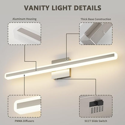 JUSHENG Brushed Nickel Vanity Lights for Bathroom, 5CCT Dimmable Vanity Light Bar, Modern LED Bathroom Lighting Fixtures Above Mirror 32'' Inch 24W