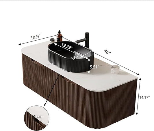 Yayzy 48" Floating Bathroom Vanity with Sink, Solid Wood Fluted Cabinet, Black Fluted Oval Ceramic Basin & Faux Marble Top, Soft-Close Drawer, Pre-Assembled, Walnut Woodgrain
