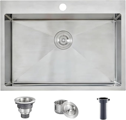 VCCUCINE 28x18 Inch Drop in Kitchen Sink 16 Gauge Top Mount Handmade T304 Brushed Nickel Kitchen Sink,Stainless Steel Single Bowl Workstation Topmount Overmount Sink with Strainer