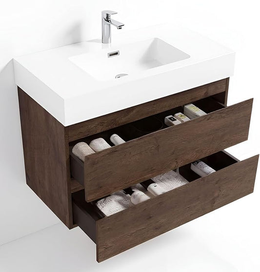 36" Floating Bathroom Vanity with Sink, Modern Bathroom Cabinet with Top and Soft Close Drawers, Spacious Storage for Small Space, Walnut - Lavanda Collection