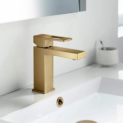 Solid Brass Single Handle Bathroom Sink Faucet with Pop-Up Drain, High Arc Cubic Spout Lavatory Faucet in Brushed Brass, Corrosion-Resistant, Modern Design