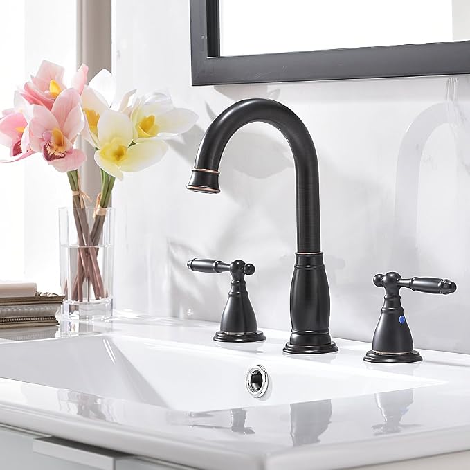 2-Handle 8 Inch 3 Hole Oil Rubbed Bronze Widespread Bathroom Faucets, with Valve and Metal Pop-Up Drain, WF017-4-ORB