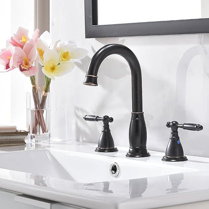 2-Handle 8 Inch 3 Hole Oil Rubbed Bronze Widespread Bathroom Faucets, with Valve and Metal Pop-Up Drain, WF017-4-ORB