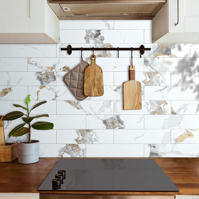 AULIGET 4-Piece Polished White Marble with Gold Peel and Stick Backsplash Wall Tiles, 3" x 12" PVC Faux Stone Stick on Tiles for Backsplash Kitchen, Bathroom, Laundry Room, Camper, Fireplace