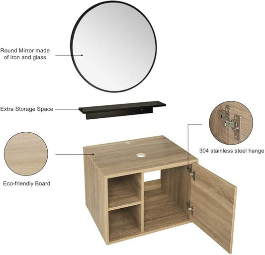 YOURLITE 24" Floating Bathroom Vanity, Wall-Mounted Bathroom Vanity with Mirror, Washroom Cabinet with Door Storage