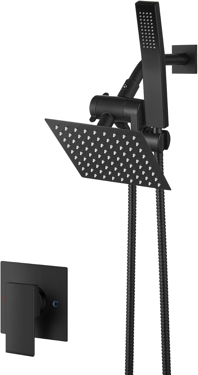 Aolemi Shower Head and Handle Set with Handheld Spray Bathroom Shower Faucet Set 6 Inch Rainfall Shower Head System Wall Mount with Rough-in Valve and Shower Trim Kit Matte Black