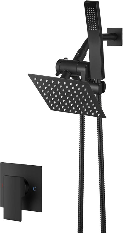 Aolemi Shower Head and Handle Set with Handheld Spray Bathroom Shower Faucet Set 6 Inch Rainfall Shower Head System Wall Mount with Rough-in Valve and Shower Trim Kit Matte Black