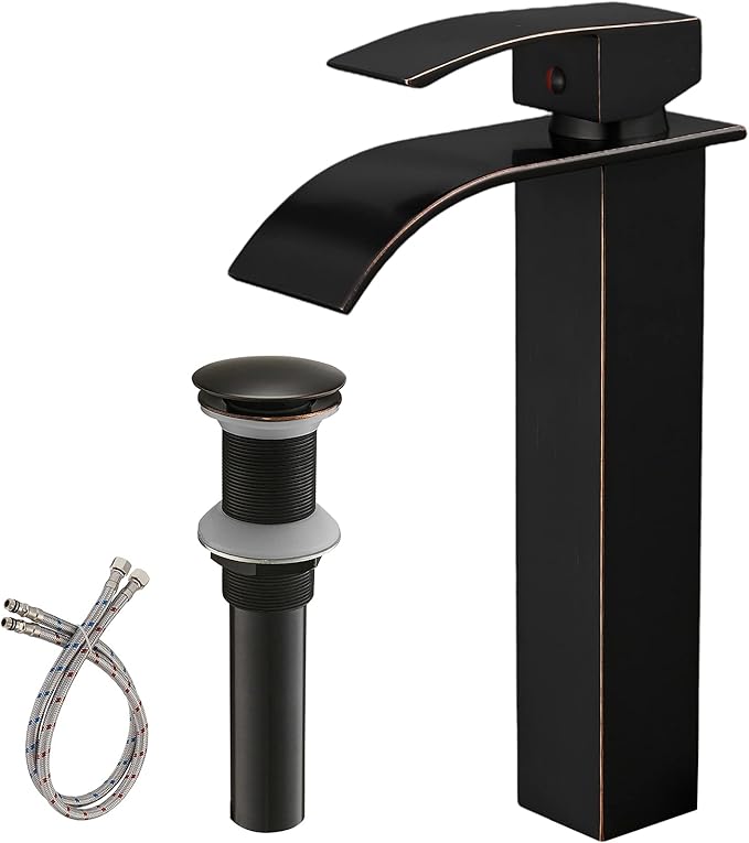 BWE Vessel Sink Faucet Modern Waterfall Oil Rubbed Bronze Single Hole Bathroom Faucet Single Handle with Pop up Drain Without Overflow Assembly Vanity Basin Bath Sink Faucets Mixer Tap