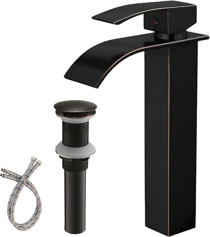 BWE Vessel Sink Faucet Modern Waterfall Oil Rubbed Bronze Single Hole Bathroom Faucet Single Handle with Pop up Drain Without Overflow Assembly Vanity Basin Bath Sink Faucets Mixer Tap
