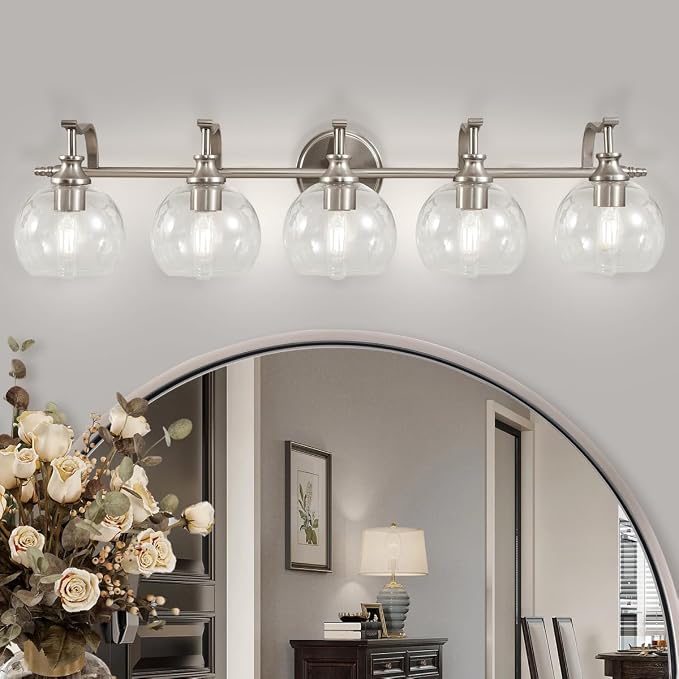 5-Light Brushed Nickel Bathroom Light Fixture, 35" Large Wall Sconce, Glass Globe Design, Perfect for Large Bathrooms, Double Vanities, Elegant Linear Design