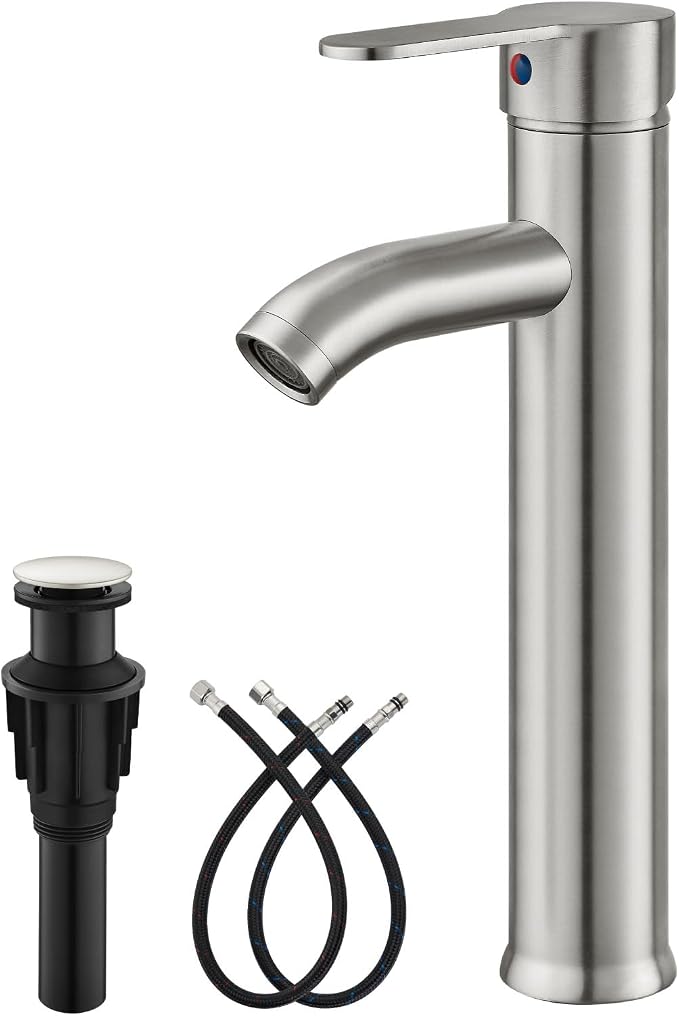 gotonovo Modern Vessel Sink Faucet with ABS Pop Up Drain, Brushed Nickel | Modern Tall Bathroom Faucet 1 Hole Single Handle Round Body, cUPC Water Supply Hoses, Basin Mixer Tap for Vanity Lavatory Rv