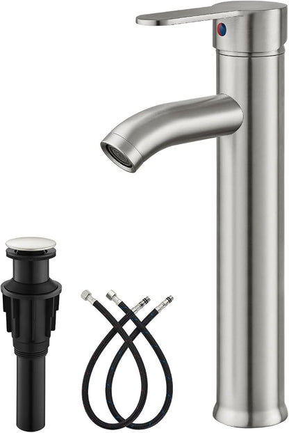 gotonovo Modern Vessel Sink Faucet with ABS Pop Up Drain, Brushed Nickel | Modern Tall Bathroom Faucet 1 Hole Single Handle Round Body, cUPC Water Supply Hoses, Basin Mixer Tap for Vanity Lavatory Rv
