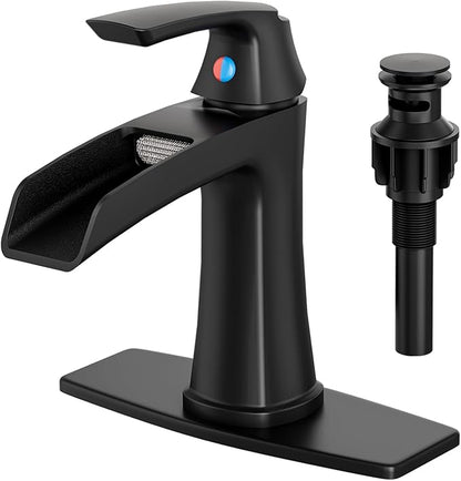 Fapully Bathroom Faucets Matte Black, Modern Waterfall Bathroom Sink Faucet with Single Handle for 1 or 3 Holes, Vanity Faucet with Deck Plate and Drain
