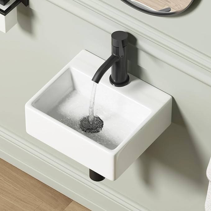 Wall Hung Bathroom Vessel Sink, QISHKA 13" X 11.5" Rectangular Floating Ceramic Wash Hand Basin White Wall Mount Vanity Sink for Small Bathroom and Small Cloakroom