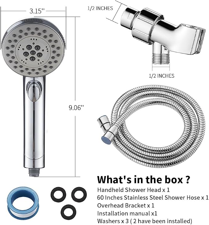 High Pressure Shower Head with Handheld Spray 6 Settings Chrome | Hand Held Shower head with On Off Switch, Spa Spray Mode, 60inches Hose