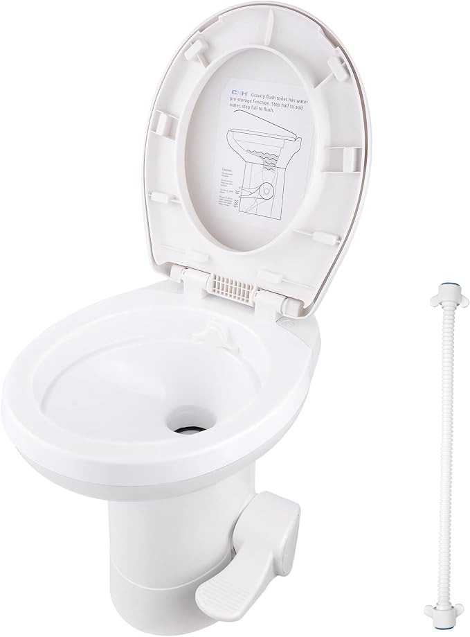 Yescom RV Camper Toilets Gravity Flush 20" High Elongated Foot Pedal for | Travel Trailer Motorhome Caravan White HDPE Portable Restroom Toilet Fits for Marine
