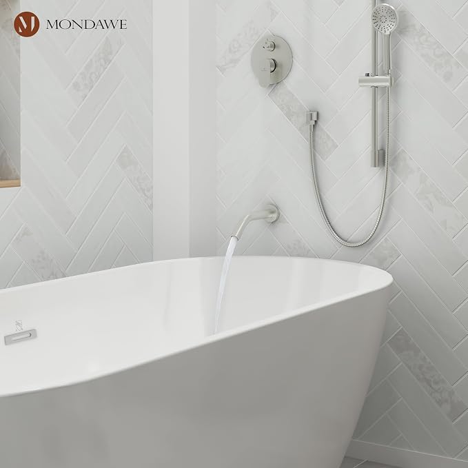 MONDAWE 9 Inch Wall Mounted Shower Faucet Set with Tub Spout in Brushed Nickel, Rainfall Shower Head with 3-Setting Handheld Spray Shower Combo, High Pressure Shower System with Solid Brass Valve