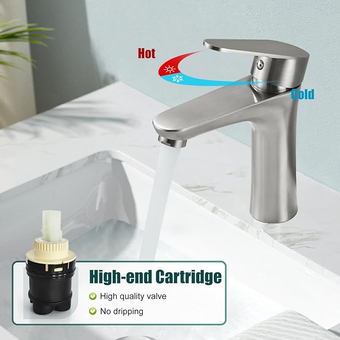 Heyalan Bathroom Faucet Single Handle 1 Hole SUS304 Stainless Steel Deck Mount Lavatory Single Switch Basin Sink Faucet with Pop Up Drain and Hot and Cold Water Mixer Brushed Nickle