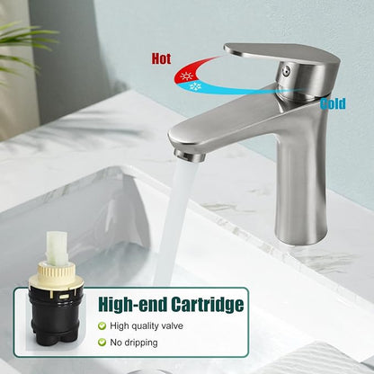 Heyalan Bathroom Faucet Single Handle 1 Hole SUS304 Stainless Steel Deck Mount Lavatory Single Switch Basin Sink Faucet with Pop Up Drain and Hot and Cold Water Mixer Brushed Nickle