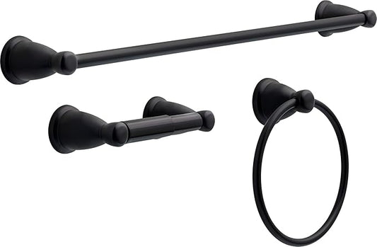 Franklin Brass Kinla 3-Piece Bathroom Set Matte Black 24" Towel Bar Rack, Toilet Paper Holder, Ring KIN3PC-MB