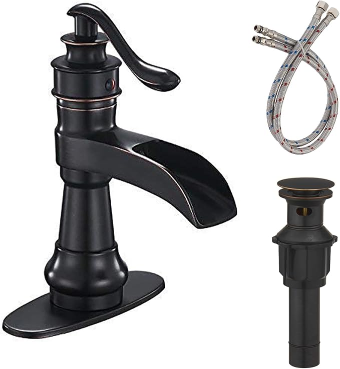 Single-Handle Bathroom Faucet Oil Rubbed Bronze Deck Mounted | Wide Waterfall Spout,Pop Up Drain and Supply Lines Included, Ideal forBathroom Sink 1-3 Hole, Fingerprint Repellent Coating