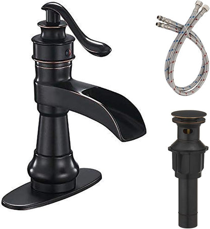 Single-Handle Bathroom Faucet Oil Rubbed Bronze Deck Mounted | Wide Waterfall Spout,Pop Up Drain and Supply Lines Included, Ideal forBathroom Sink 1-3 Hole, Fingerprint Repellent Coating