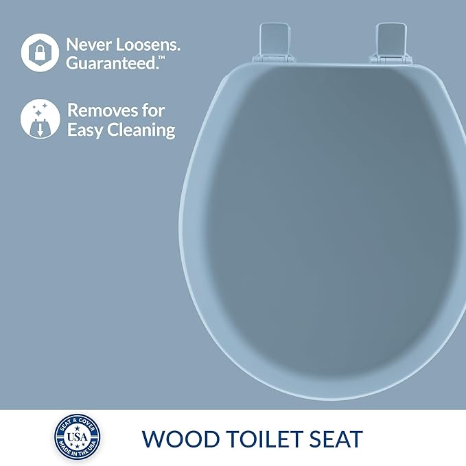 Mayfair Cameron Sky Blue Toilet Seat, Non Slip Heavy Duty Wood, Easy Clean, Made in USA, Round