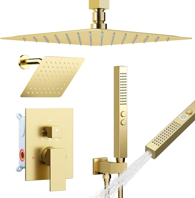Shower System Shower Faucet Set, STARBATH 12"+6" Ceiling Mount Rain Shower Head and Handheld Spray for Two Person, Rainfall Shower System with Diverter Valve and Trim Kit Complete,Brushed Gold