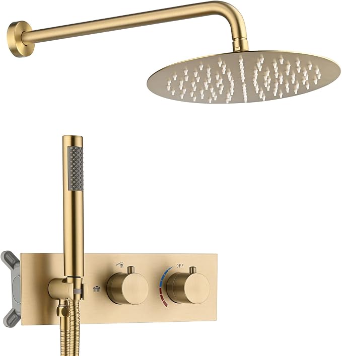 BEITH Shower System Concealed, 2 Functions Brushed Gold Shower Set, 8in/10in/12in Shower Faucet Set, 304 Stainless Steel Round Rotatable Shower Head, Brass Body, Self-cleaning