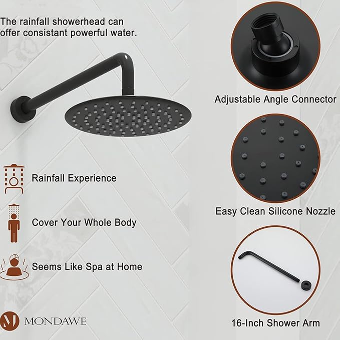 MONDAWE 9 Inch Wall Mounted Shower Faucet Set with Tub Spout in Matte Black, Rainfall Shower Head with 3-Setting Handheld Spray Shower Combo, High Pressure Shower System with Solid Brass Valve