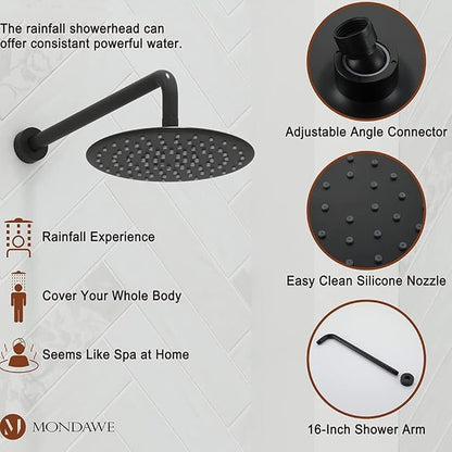 MONDAWE 9 Inch Wall Mounted Shower Faucet Set with Tub Spout in Matte Black, Rainfall Shower Head with 3-Setting Handheld Spray Shower Combo, High Pressure Shower System with Solid Brass Valve