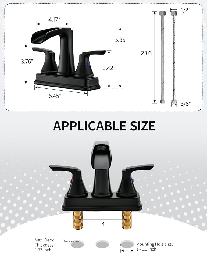 Fapully Matte Black Bathroom Faucet, Waterfall Bathroom Sink Faucet Widespread, 4 Inch Centerset Faucet for Bathroom Sink with Pop-up Drain