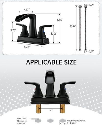 Fapully Matte Black Bathroom Faucet, Waterfall Bathroom Sink Faucet Widespread, 4 Inch Centerset Faucet for Bathroom Sink with Pop-up Drain