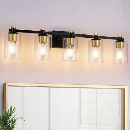 5 Light Bathroom Vanity Light Fixtures, Black and Gold with Clear Glass Shade, Modern Wall Sconce Over Mirror, Brushed Gold for Bathroom (E26 Base)