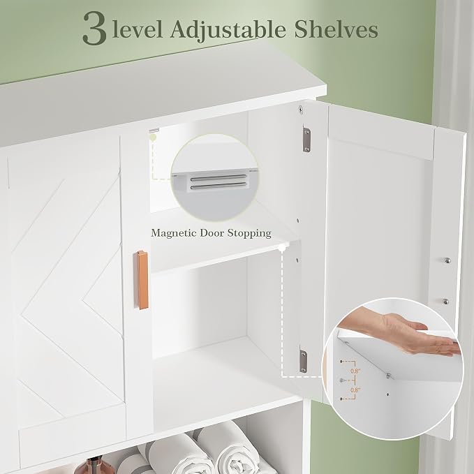 VECELO Over The Toilet Storage Cabinet, Over Toilet Bathroom Shelf with Double Doors and Anti-Tip Device, Inner Adjustable Shelf, White