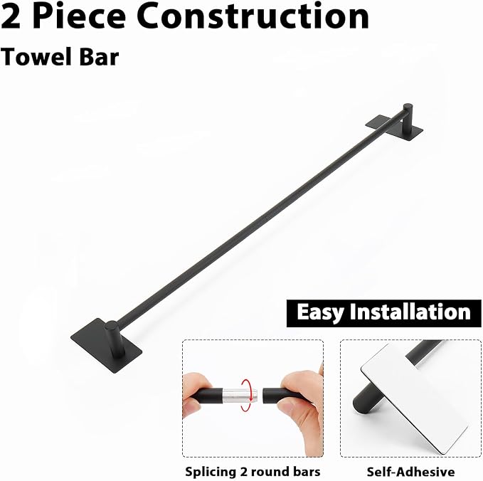 NearMoon Self Adhesive Bathroom Towel Bar- Stainless Steel Bath Wall Shelf Rack Hanging Towel Stick On Sticky Hanger Contemporary Style, NO Drilling (2 Pack, Matte Black, 24-Inch Towel Rack)