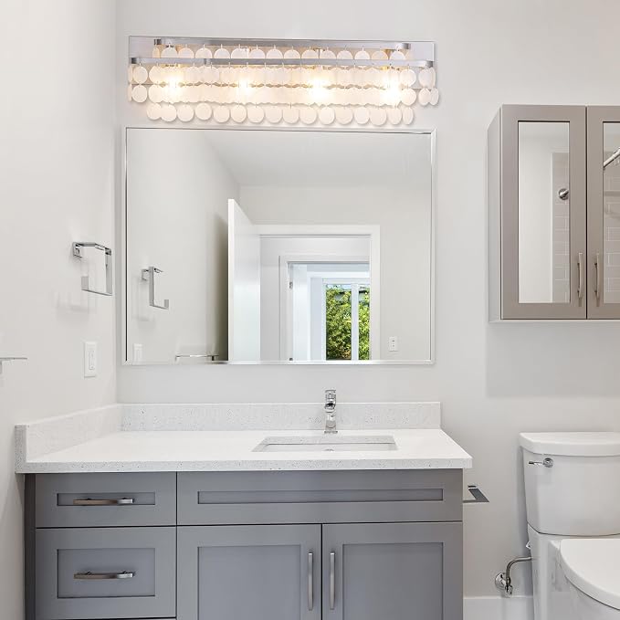 TOCHIC Bathroom Vanity Light with Natural Capiz Shell Shade, Brushed Nickel Coastal 4 Lights Vanity Light, Modern Wall Mount Lighting Fixture for Mirror Cabinets, Powder Room, Bedroom Living Room 30”W