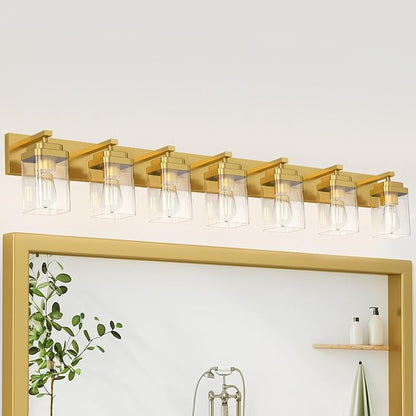 Brushed Gold Bathroom Light Fixtures, 7 Lights Bathroom Lighting Fixtures Over Mirror, Square Design & Rectangle Large Backplate, Modern Vanity Lighting Fixtures, for Living Room/Bedroom