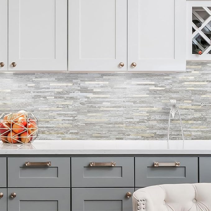 DICOFUN 1 Sheet Peel and Stick Backsplash Tile, Brown Birch Wood Look PVC Mixed Metal Gold Stick on Backsplash Tiles for Kitchen