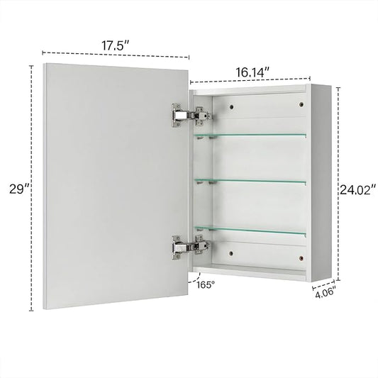 TEHOME 17.5'' x 29'' Chrome Recessed and Surface Mount Bathroom Medicine Cabinet with Mirror Square Cornered Metal Framed Rounded Rectangle Medicine Cabinet Mirror