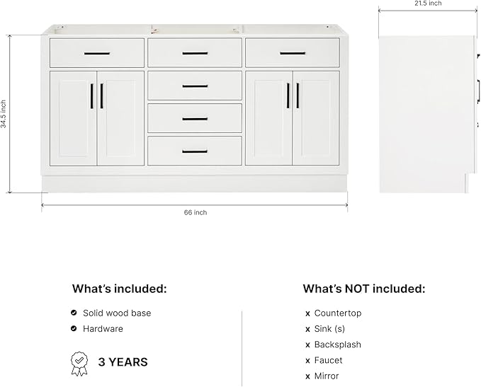 ARIEL Hepburn 66-inch Bathroom Vanity Base Cabinet,Solid Wood, 4 Soft Closing Doors, 6 Dovetail Drawers, White