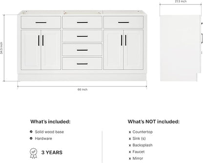 ARIEL Hepburn 66-inch Bathroom Vanity Base Cabinet,Solid Wood, 4 Soft Closing Doors, 6 Dovetail Drawers, White