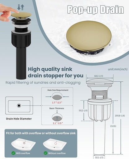 Bathroom Faucet, Brushed Gold Bathroom Sink Faucets & Parts(Pop-up Drain+6" Escutcheon Plate+Supply Hoses), Vanity Faucet for Vessel Sink, llaves para lavamanos de baño